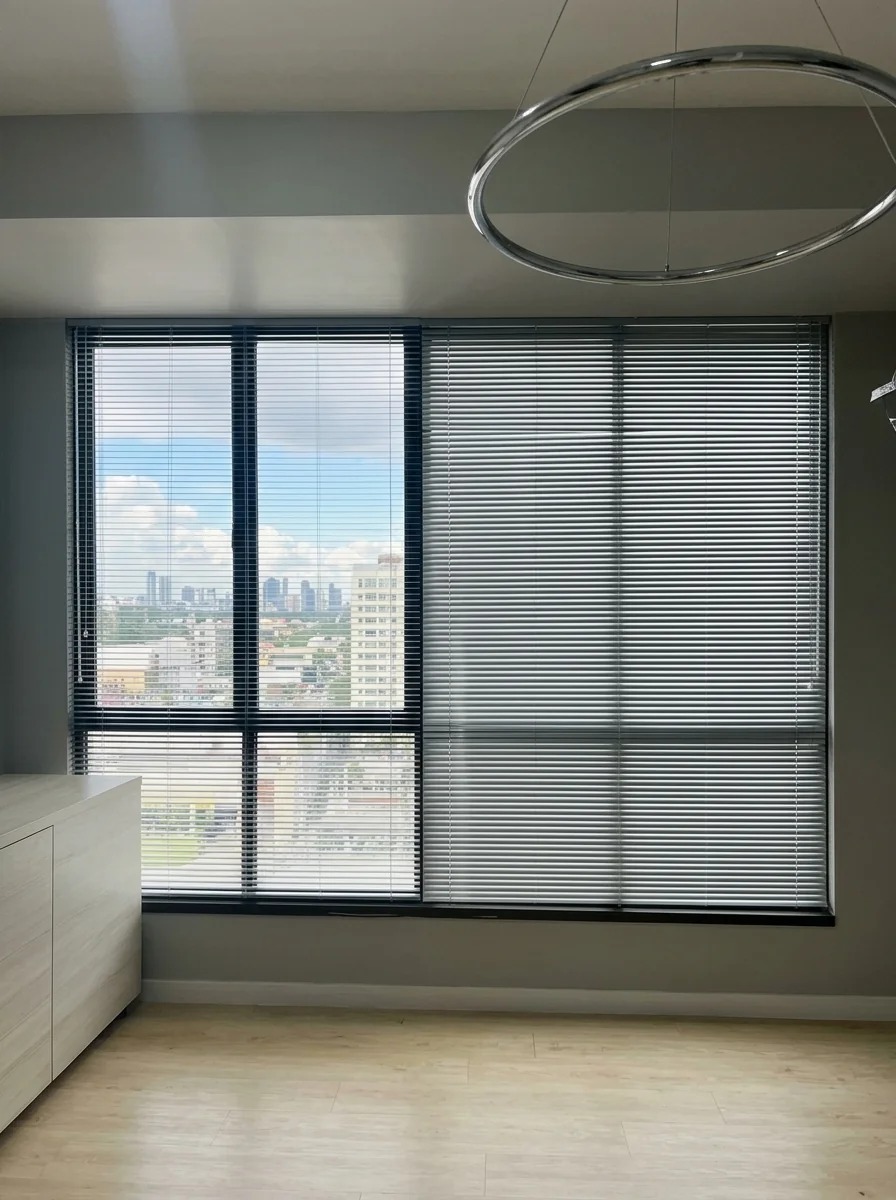 Persianas horizontais de alumínio em escritório com vista para a cidade
